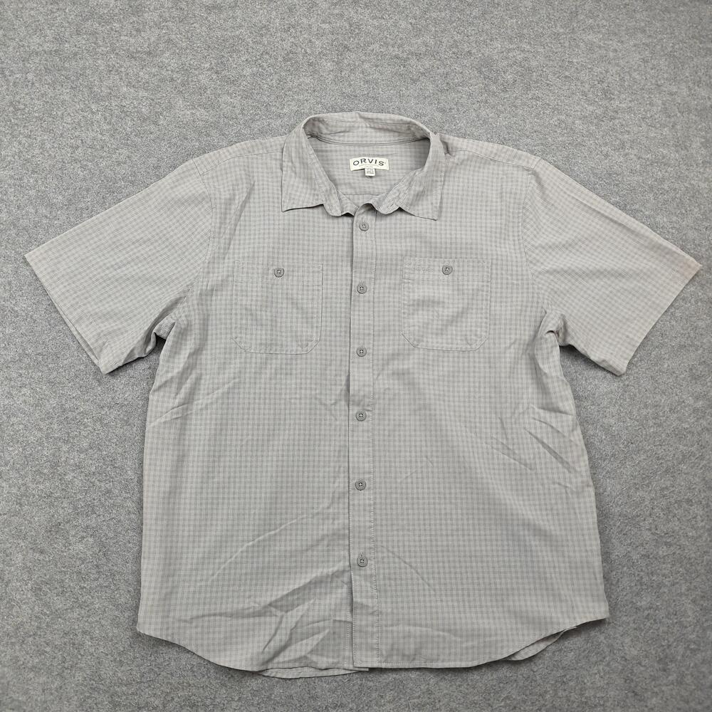 Orvis Shirt Mens XL Gray Check Polyester Short Sleeve Button-Up Pockets